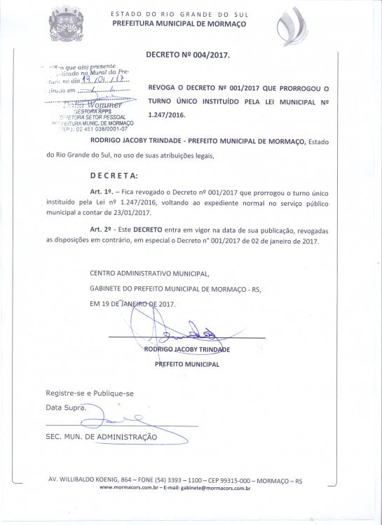 Prefeitura Municipal de Mormaço/RS | Revoga o Decreto n° 001/2017 que prorrogou o Turno Único